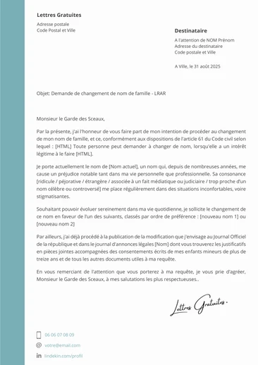 Une lettre de demande de modification de nom