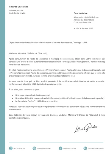 Une lettre de demande de rectification de son nom