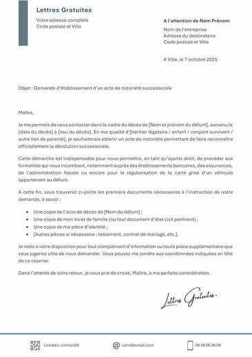Une lettre de demande d'acte de notoriété d'une succession