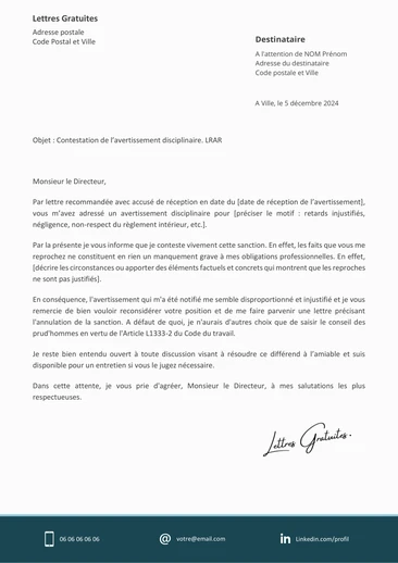 Une lettre pour contester un avertissement au travail