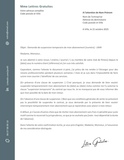 Une lettre de demande de suspension temporaire d'un abonnement