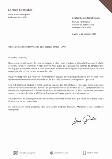 Une lettre de demande d'indemnisation pour bagages endommagés