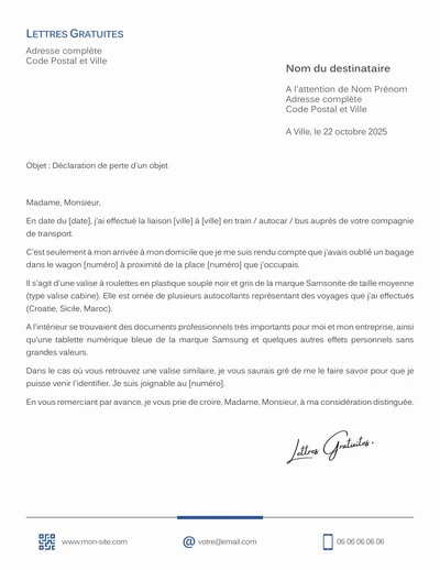 Une lettre de déclaration de perte d'un bagage ou portefeuille