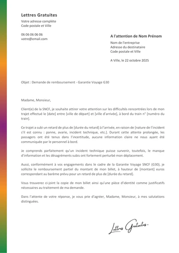 Une lettre de demande de remboursement à la SNCF