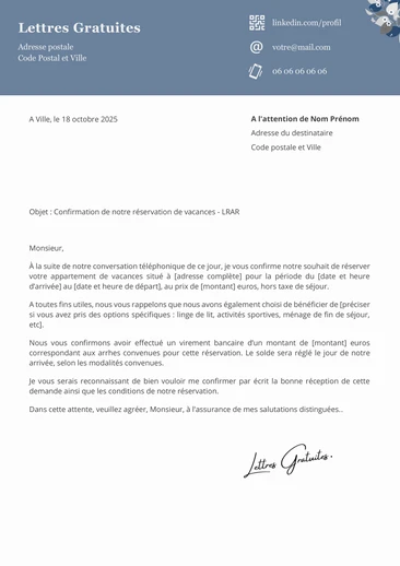 Une lettre de confirmation d'une réservation de vacances