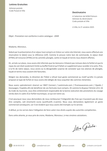 Une lettre de réclamation à une agence de voyages