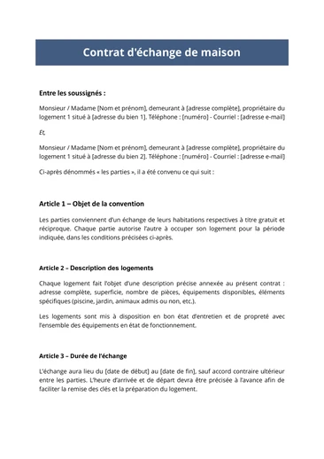 Page 1 sur 3 du contrat d'échange de maison entre particuliers