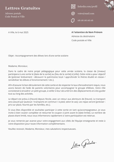 Une lettre aux parents pour accompagner une sortie scolaire