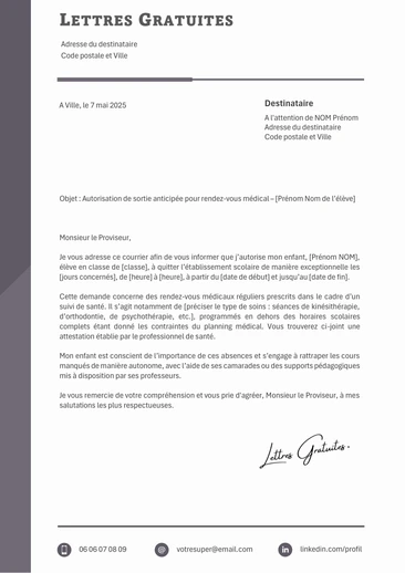 Un exemple de mot d'excuse pour quitter l'école avant l'heure de sortie