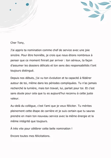 Un message de félicitations après une nomination ou une promotion