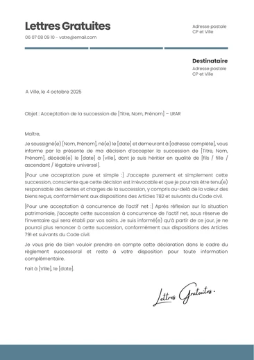 Une lettre de refus de la succession (renonciation à l'héritage)
