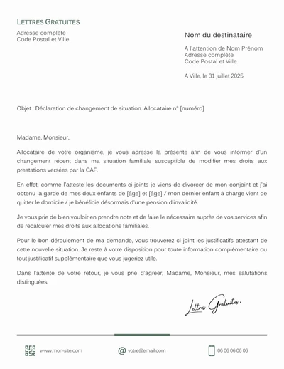 Une lettre de déclaration de changement de situation à la CAF