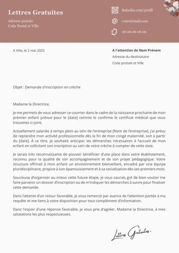 Une lettre de demande d'inscription en crèche
