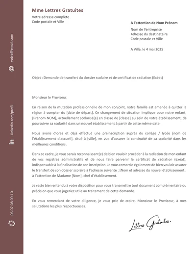 Une lettre de demande de transfert d'école (exeat)