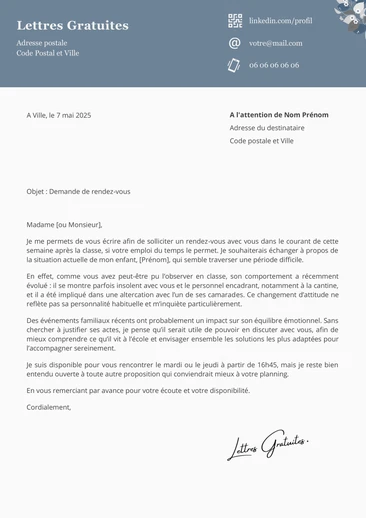 Un exemple de mot pour demander un RDV avec un professeur