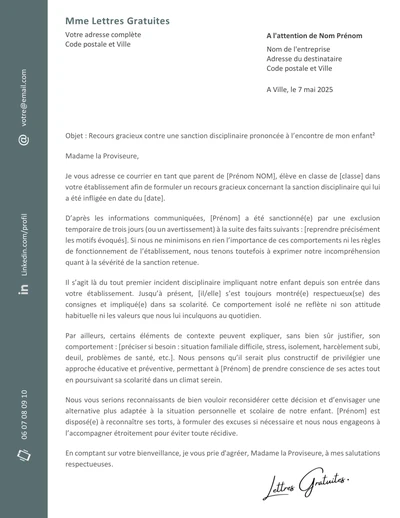 Une lettre de recours contre une sanction du conseil de discipline