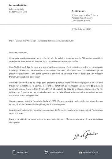 Une lettre de demande d'allocation journalière de présence parentale (AJPP)