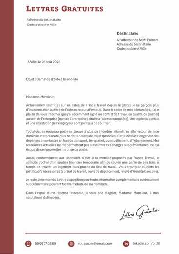 Une lettre de demande d'aide financière à France Travail