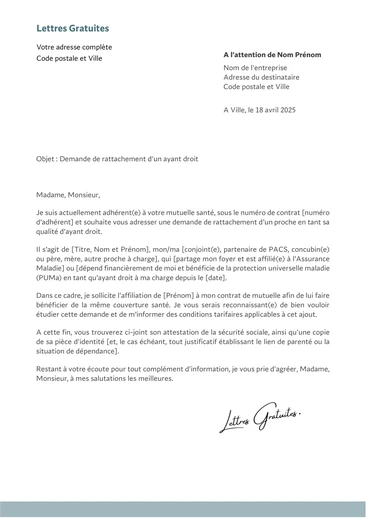 Une lettre de demande de rattachement à sa mutuelle