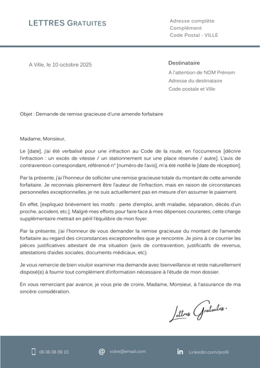 Une lettre de demande de remise gracieuse d'une amende