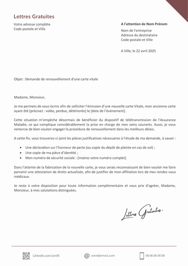 Une lettre de demande de carte vitale