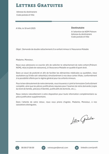 Une lettre de demande de rattachement d'un mineur à la CPAM