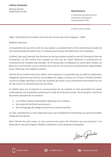 Une lettre pour signaler un accident de travail non déclaré par l'employeur