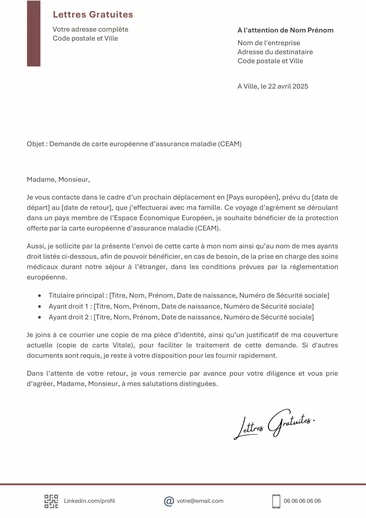 Une lettre de demande de carte européenne d'assurance maladie (CEAM)