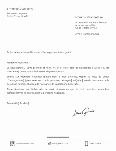 Un exemple d'attestation d'hébergement à titre gratuit