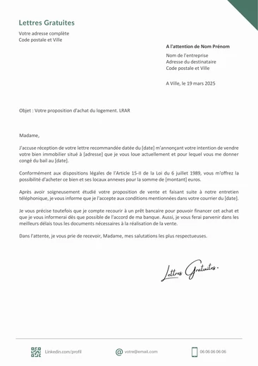 Une lettre du locataire pour racheter le logement loué