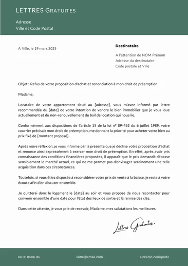 Une lettre de refus de la proposition d'achat du propriétaire du logement
