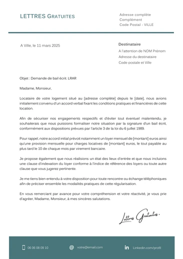 Une lettre pour demander un bail écrit pour son logement