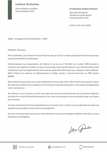 Une lettre d'avis d'un changement de propriétaire du logement loué