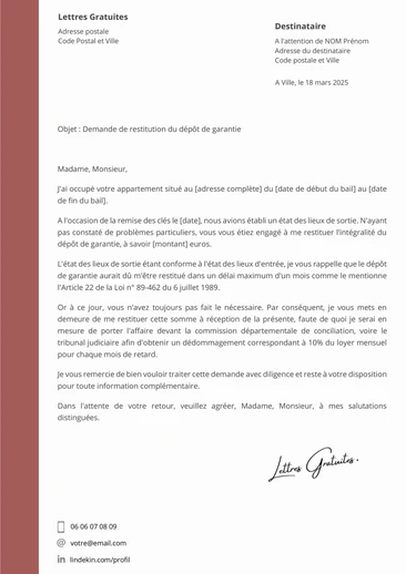 Une lettre de mise en demeure de restituer la caution du logement