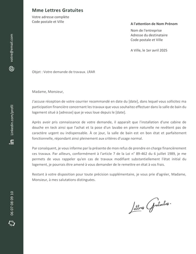Une lettre de refus du propriétaire de faire les travaux dans le logement
