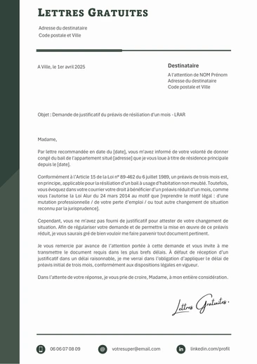 Une lettre de demande de justificatif du préavis réduit