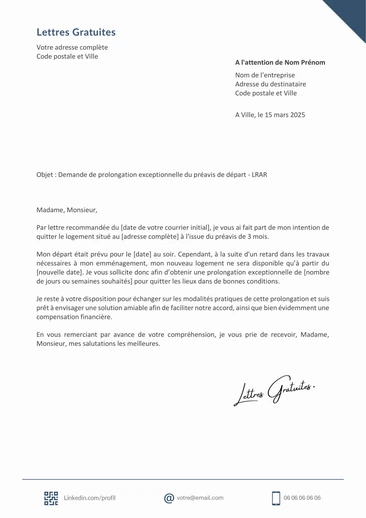 Une lettre de demande de prolongation du préavis de résiliation du