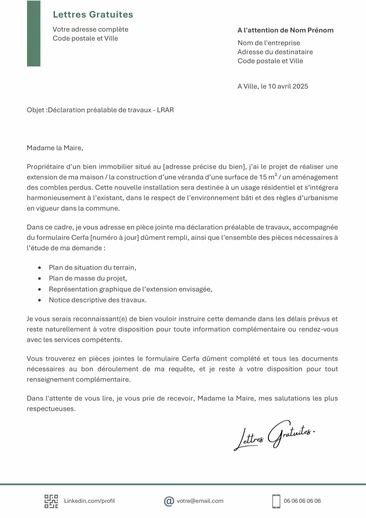 Une lettre de demande d'autorisation de travaux à la mairie