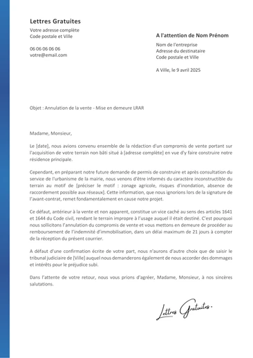 Une lettre d'annulation de la vente d'un terrain