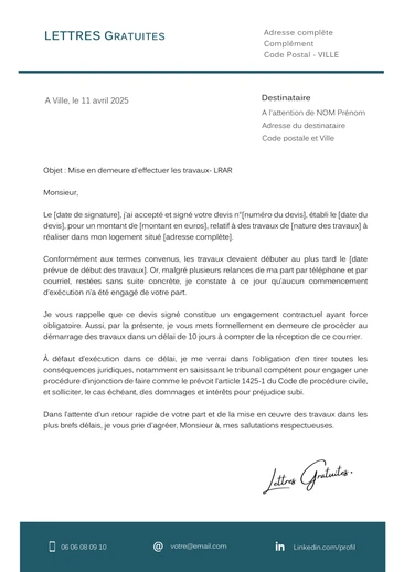 Une lettre de mise en demeure à un artisan pour les travaux
