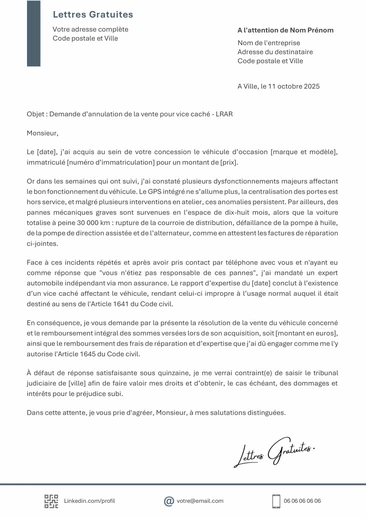 Une lettre pour annuler une vente pour vice caché