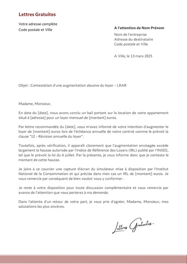 Une lettre de contestation après l'augmentation du loyer
