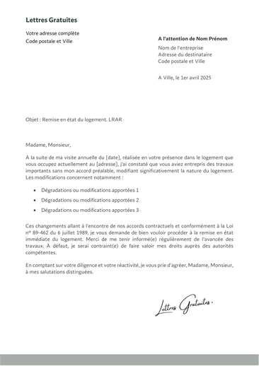 Une lettre de demande de remise en état du logement au locataire