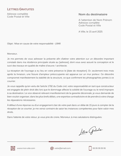 Une lettre de réclamation à l'architecte ou au maitre d'œuvre
