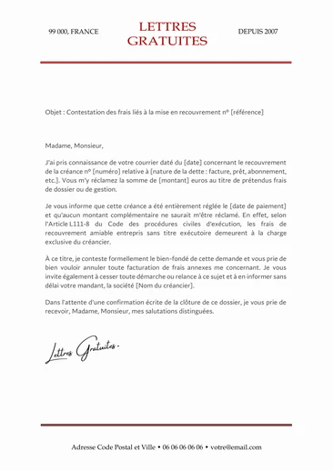 Une lettre de contester d'une procédure de recouvrement