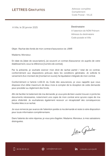 Une lettre de demande de rachat d'une assurance vie