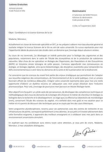 Une lettre de motivation pour la Licence Sciences de la Vie