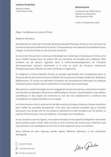 Une lettre de motivation pour la Licence Chimie