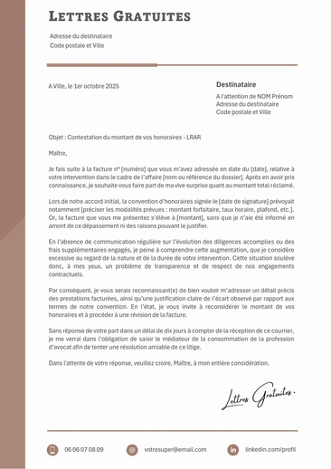 Une lettre de contestation des honoraires d'un avocat
