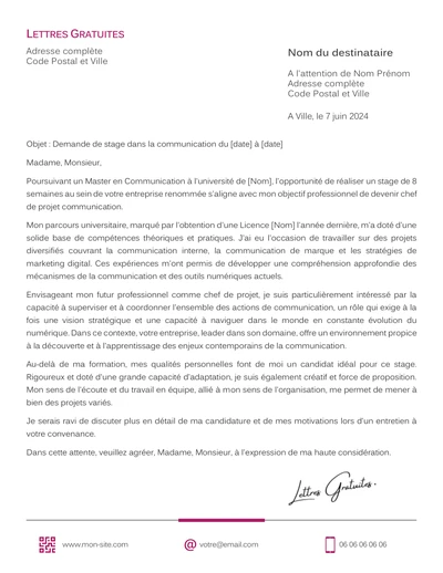 Une lettre de motivation d'une demande de stage en communication